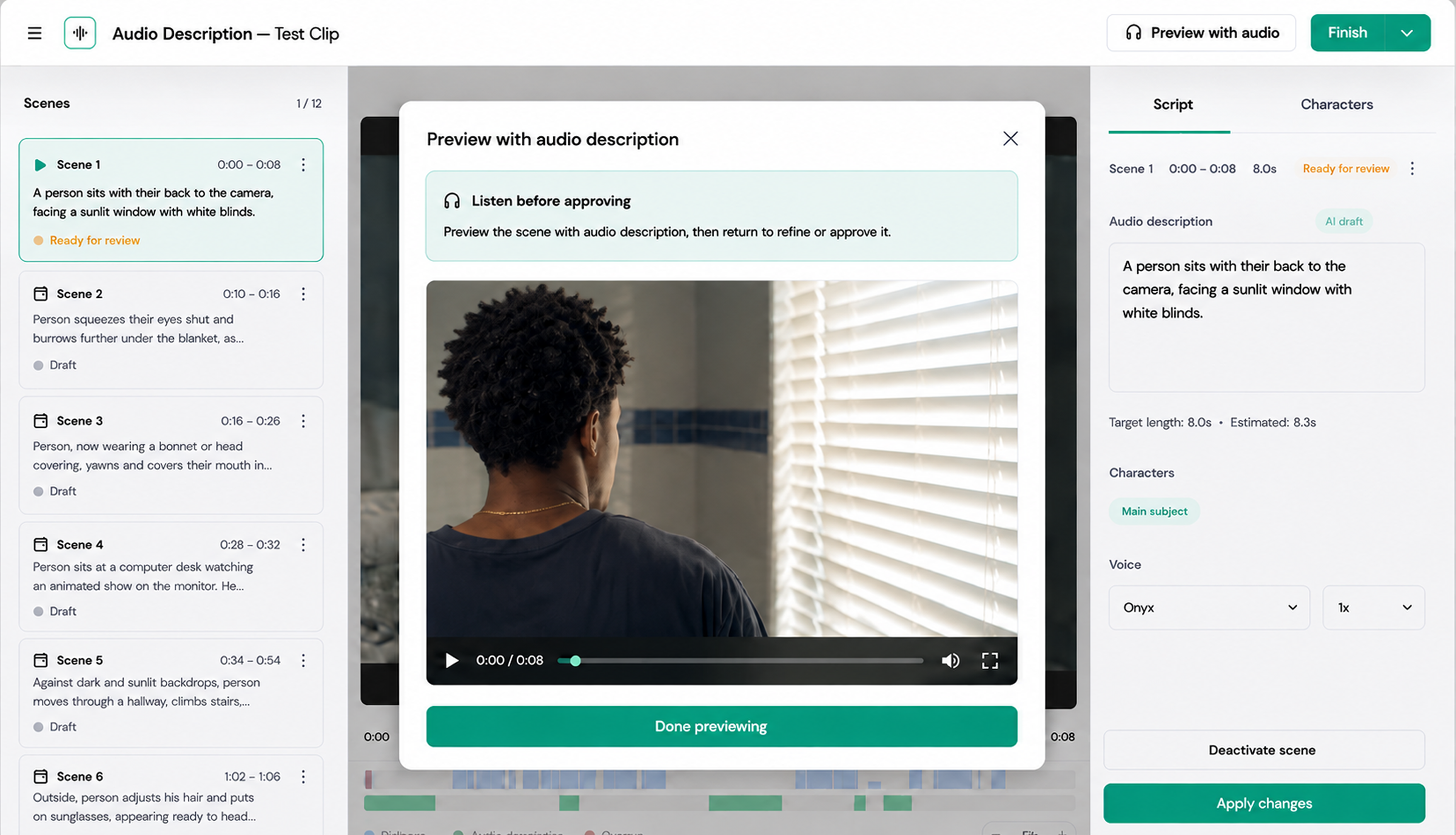 InstaDescribe editor showing scene review, an audio-description script and a preview-with-audio modal